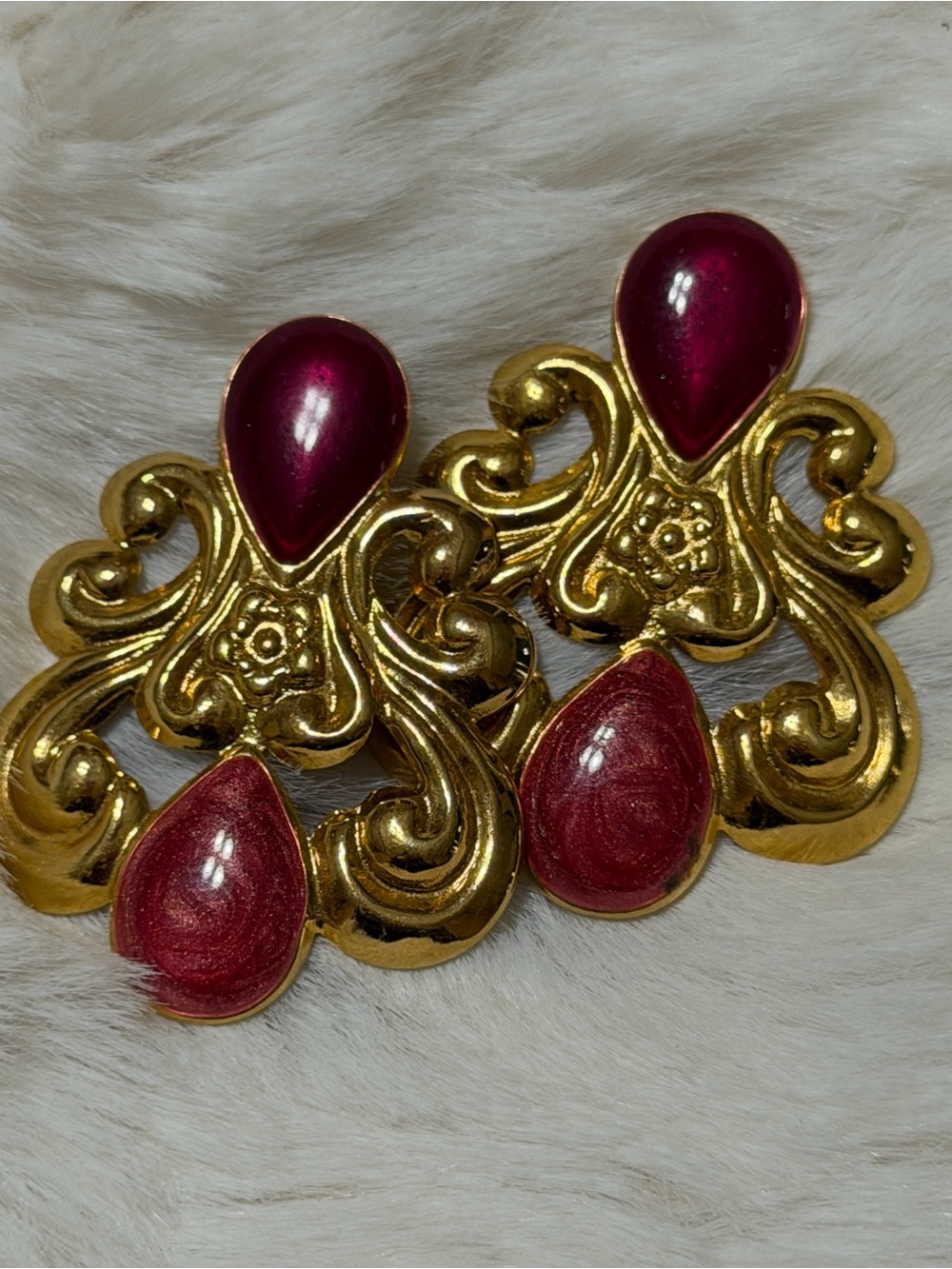 Gold Filigree Teardrop Earrings with Deep Berry Accents